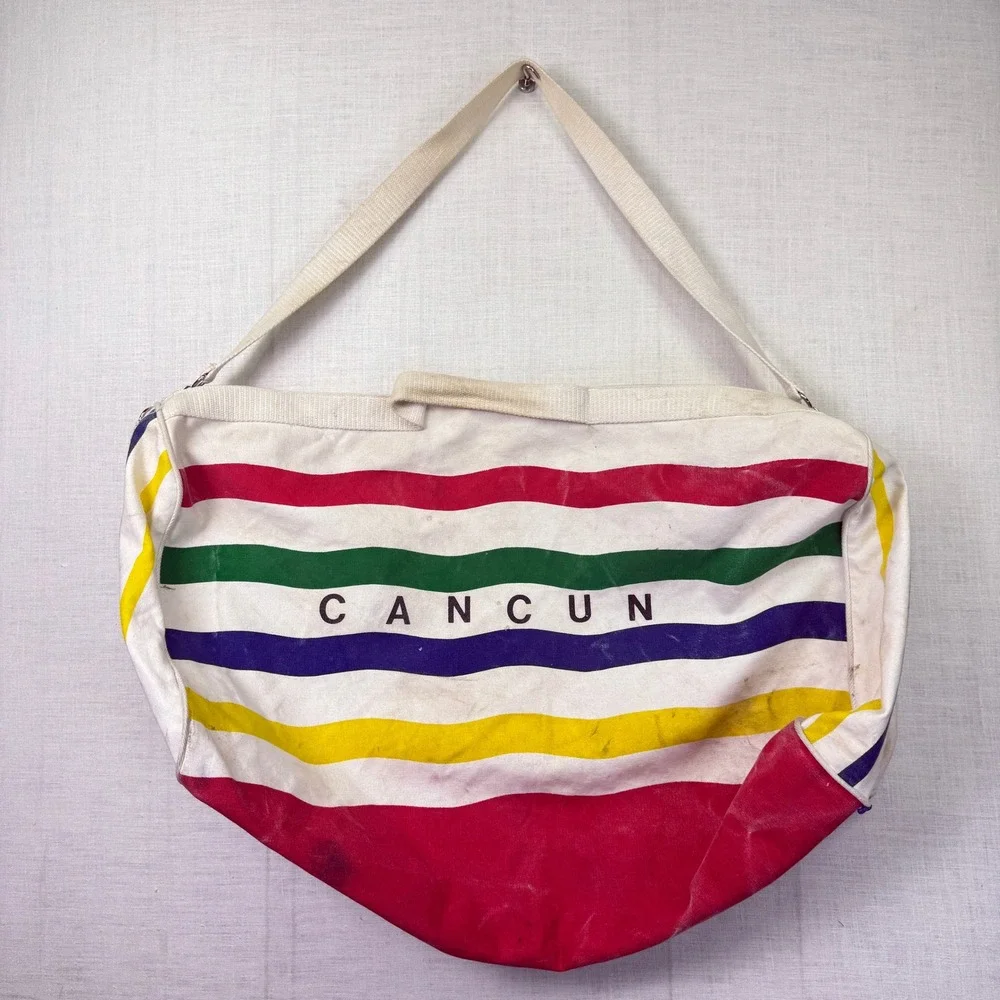 Vintage Poco Loco Club Duffel Bag L Multi Color Striped Cancun Toucan Bag 26x20